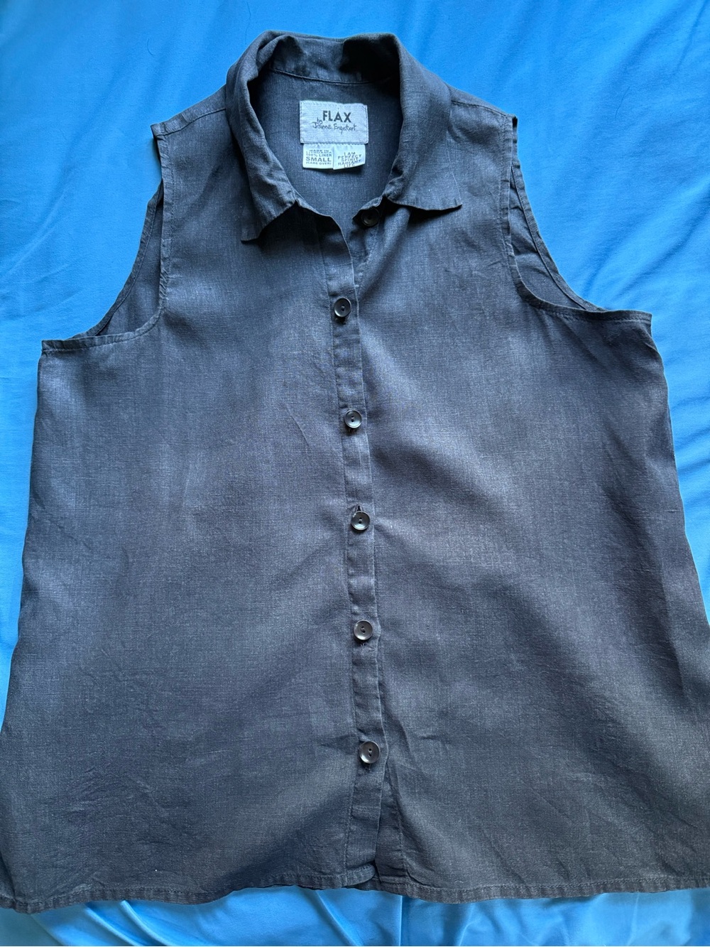 FLAX Jeanne Engelhart Sleeveless Button Front Linen Top Charcoal Small